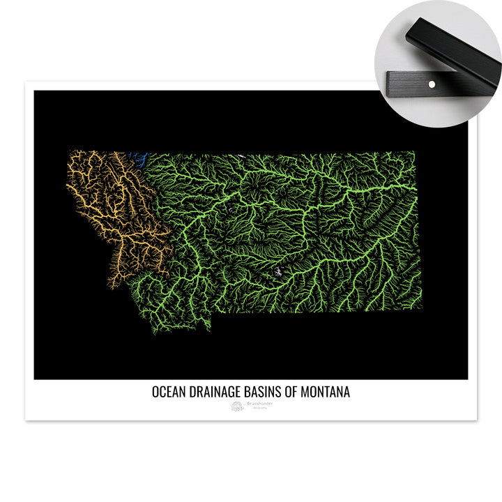 Montana - Mapa de la cuenca hidrográfica del océano, negro v1 - Impresión artística con colgador