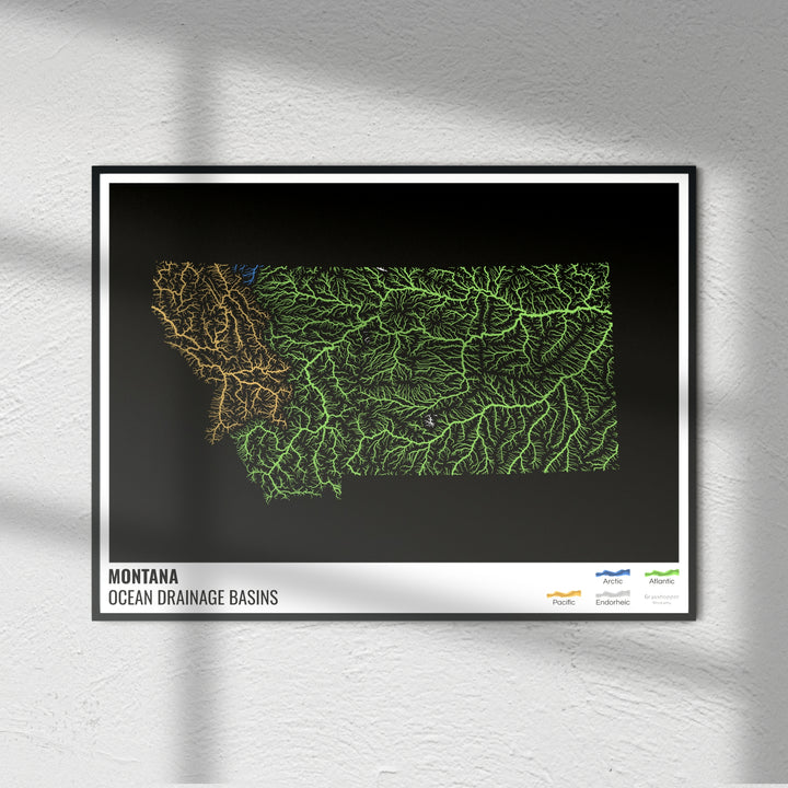 Montana - Ocean drainage basin map, black with legend v1 - Photo Art Print