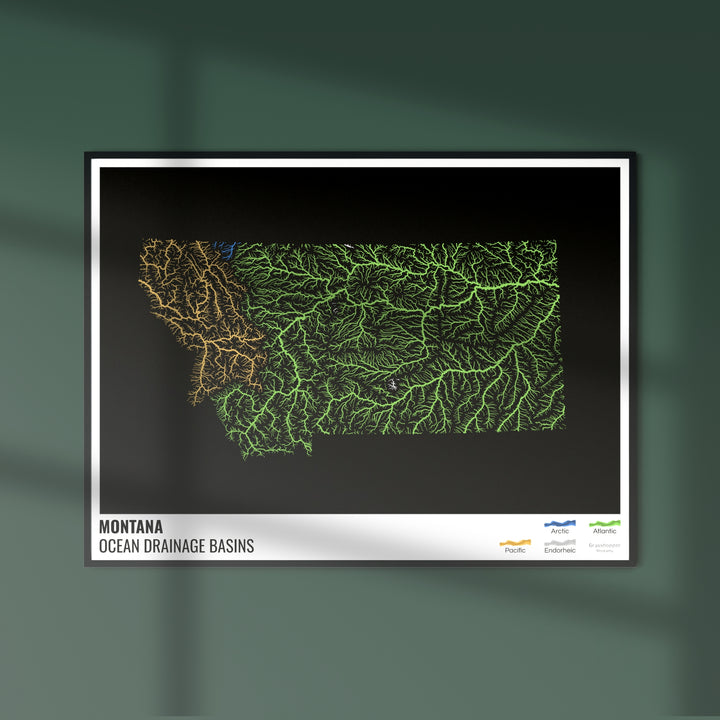 Montana - Mapa da bacia de drenagem oceânica, preto com legenda v1 - Impressão de belas artes