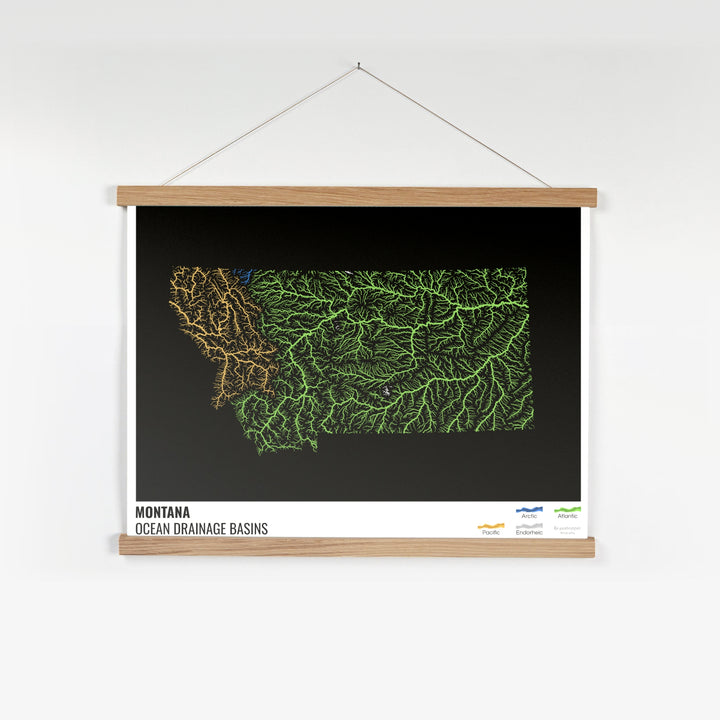 Montana - Ocean drainage basin map, black with legend v1 - Fine Art Print with Hanger