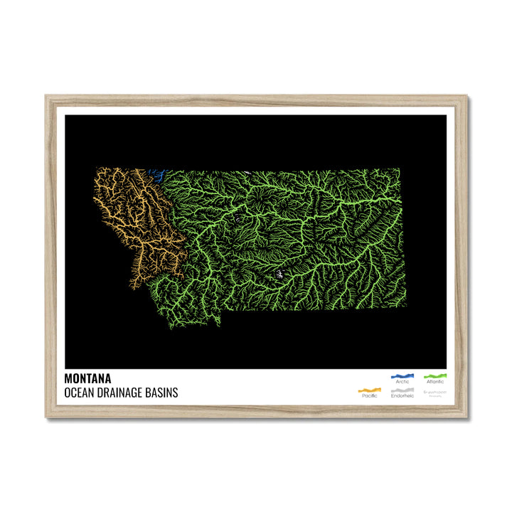 Montana - Mapa de la cuenca de drenaje oceánico, negro con leyenda v1 - Lámina enmarcada