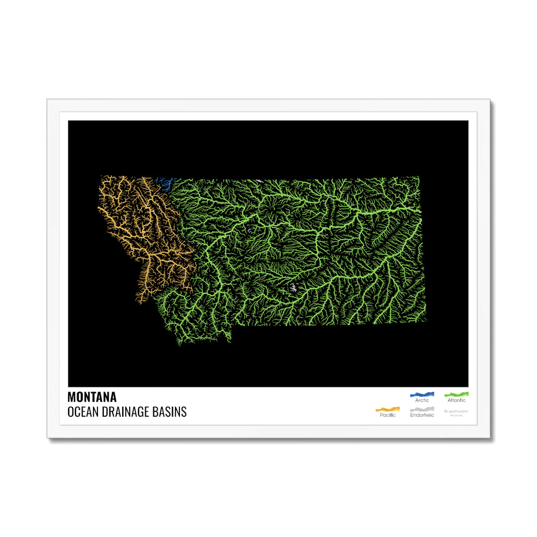 Montana - Mapa de la cuenca de drenaje oceánico, negro con leyenda v1 - Lámina enmarcada