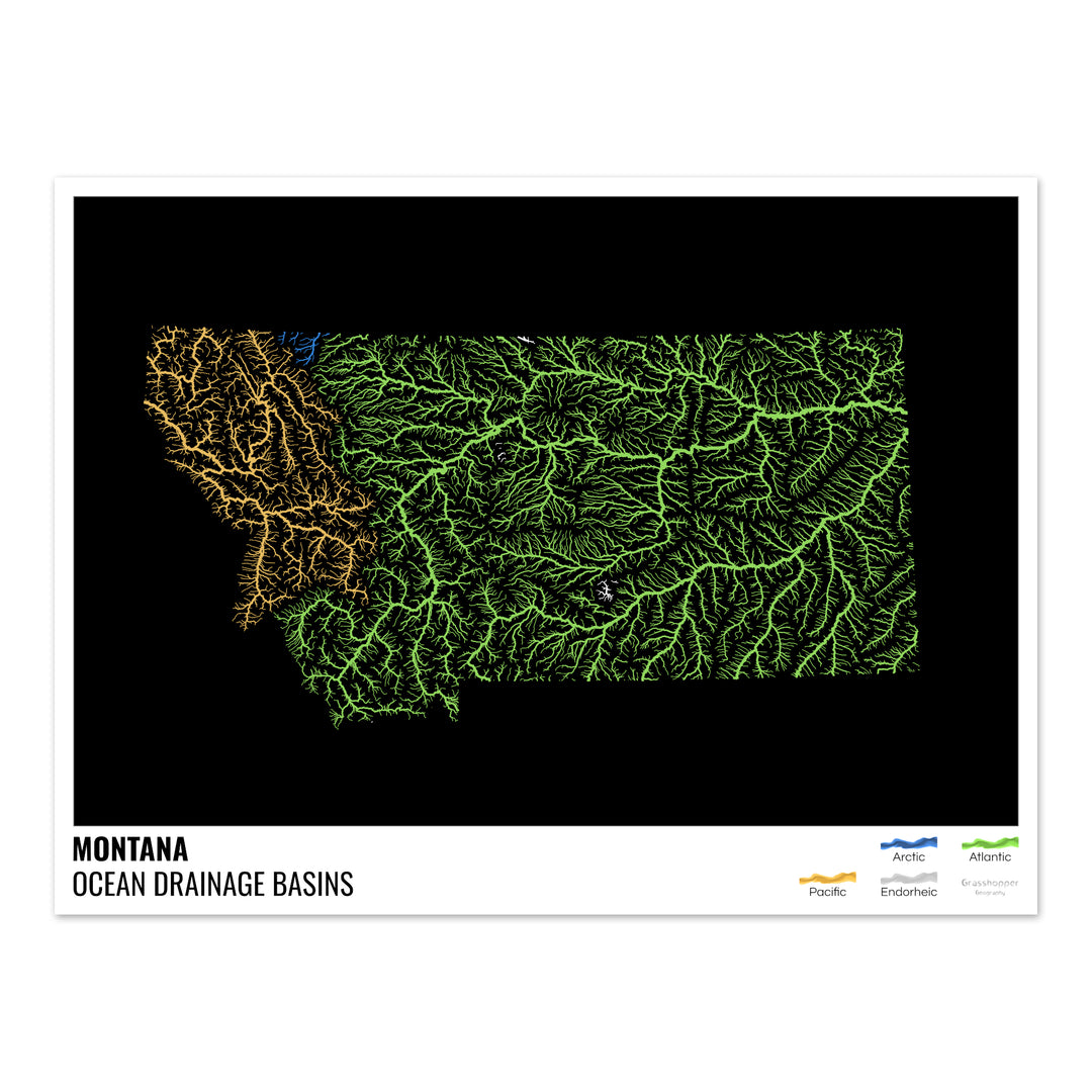 Montana - Mapa de la cuenca de drenaje oceánico, negro con leyenda v1 - Impresión de bellas artes