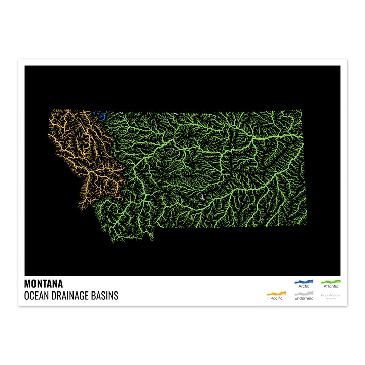 Montana - Mapa de la cuenca hidrográfica del océano, negro con leyenda v1 - Impresión fotográfica