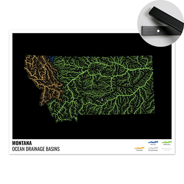 Montana - Ocean drainage basin map, black with legend v1 - Fine Art Print with Hanger