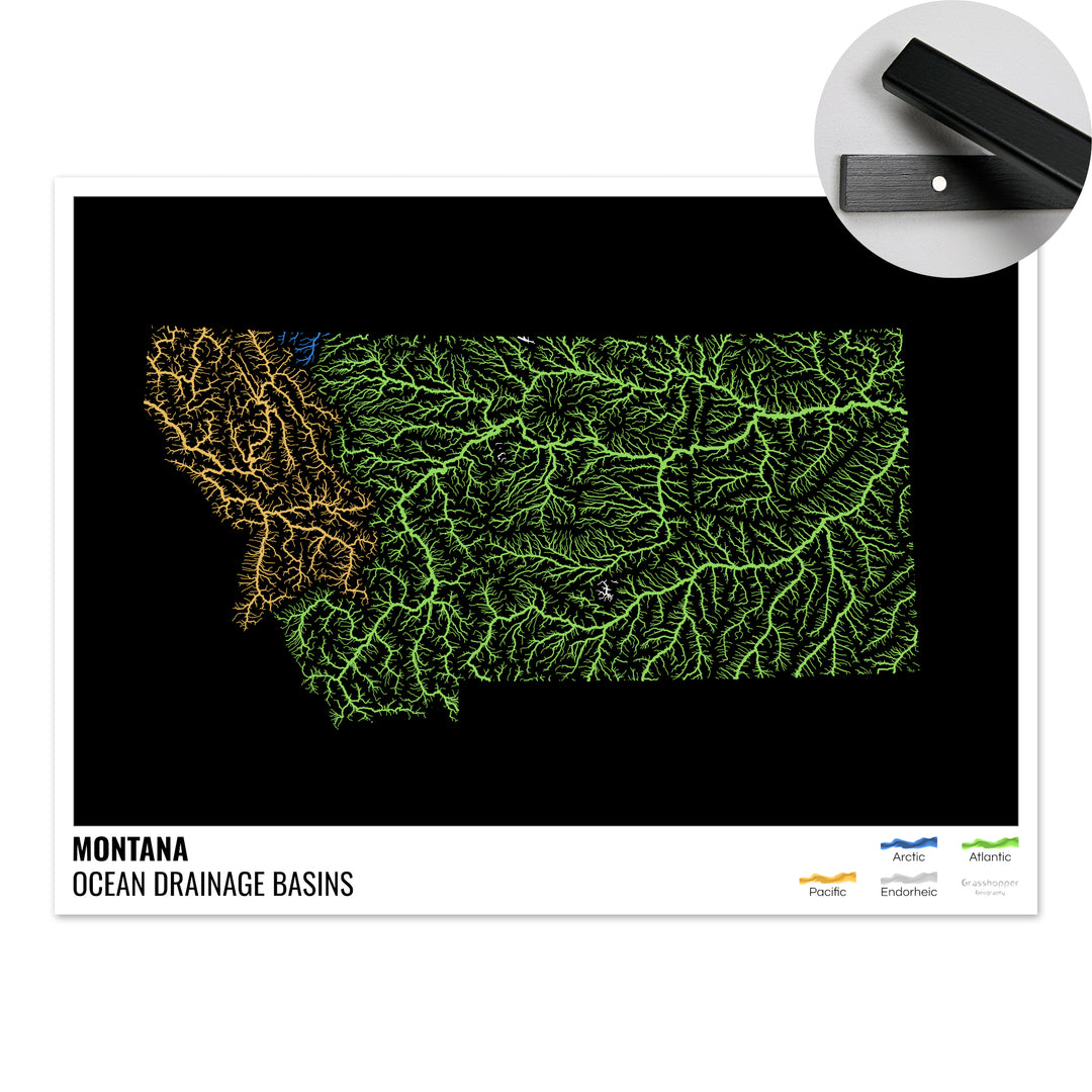 Montana - Mapa de la cuenca hidrográfica del océano, negro con leyenda v1 - Impresión artística con colgador