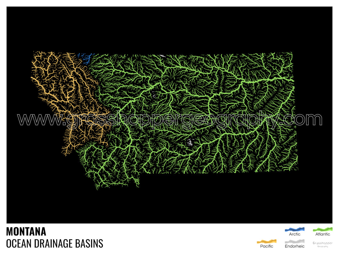 Montana - Mapa de la cuenca hidrográfica del océano, negro con leyenda v1 - Impresión fotográfica
