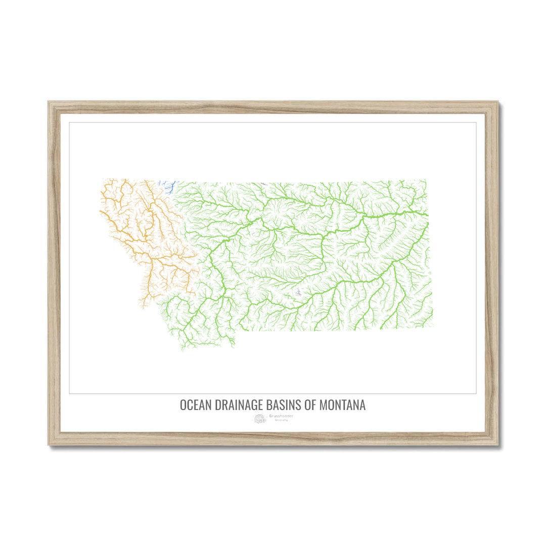 Montana - Mapa de la cuenca de drenaje oceánico, blanco v1 - Lámina enmarcada