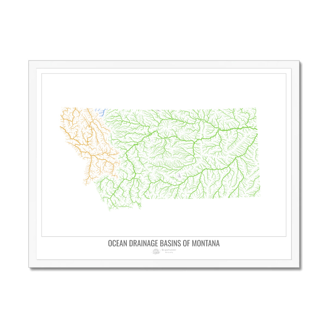 Montana - Ocean drainage basin map, white v1 - Framed Print
