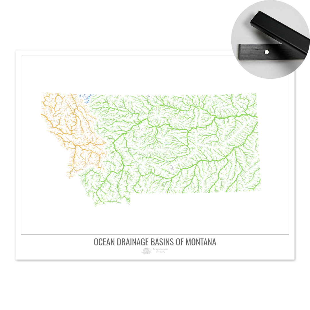 Montana - Mapa de la cuenca hidrográfica del océano, blanco v1 - Impresión artística con colgador