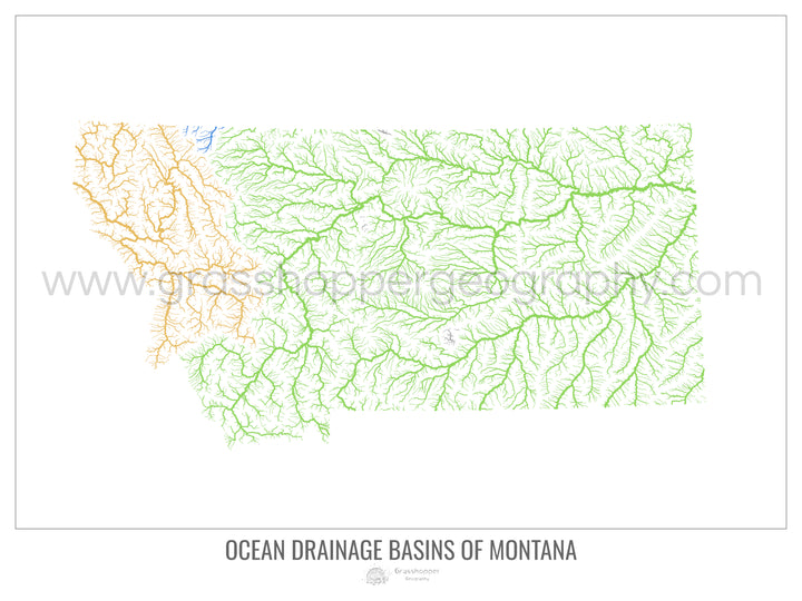 Montana - Ocean drainage basin map, white v1 - Fine Art Print