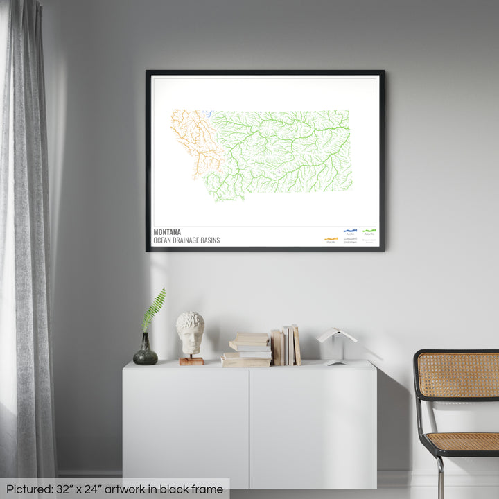 Montana - Ocean drainage basin map, white with legend v1 - Framed Print