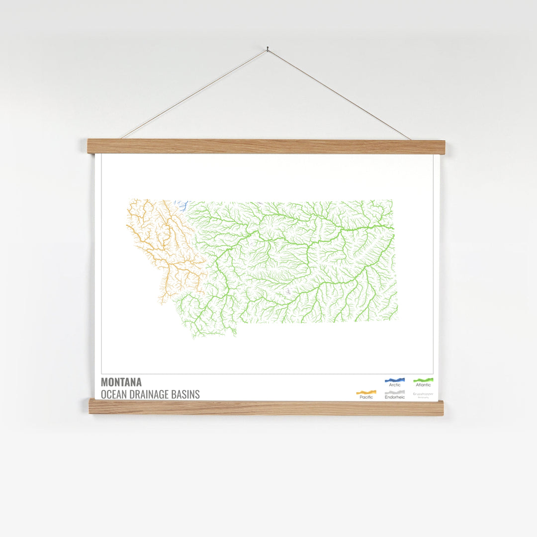 Montana - Carte du bassin versant océanique, blanche avec légende v1 - Tirage d'art avec cintre