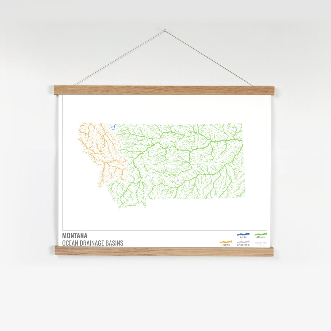 Montana - Mapa da bacia de drenagem oceânica, branco com legenda v1 - Impressão de belas artes com cabide