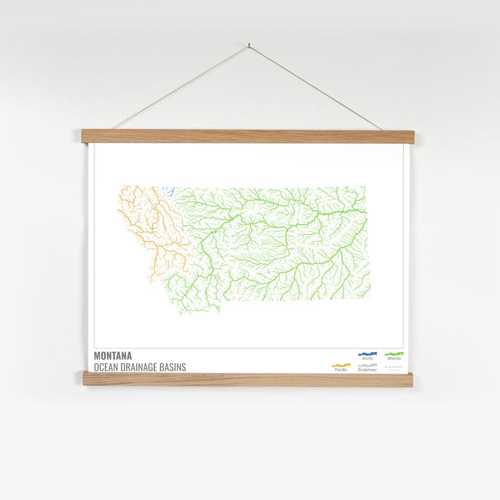 Montana - Mapa de la cuenca hidrográfica del océano, blanco con leyenda v1 - Impresión artística con colgador