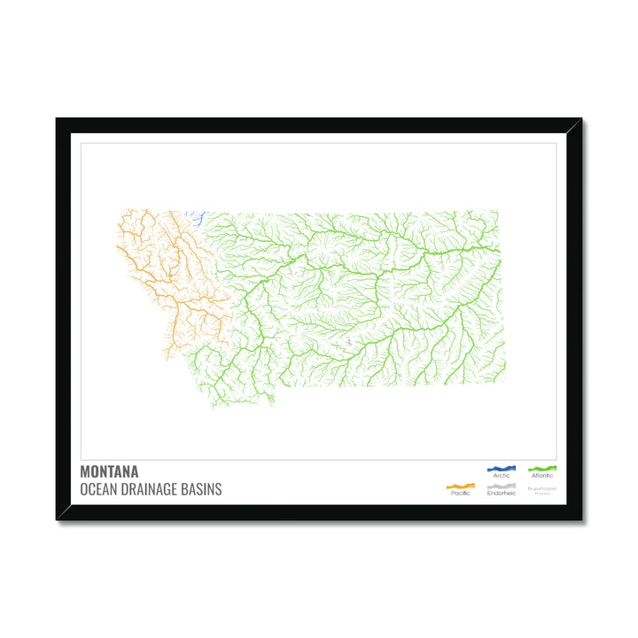 Montana - Ocean drainage basin map, white with legend v1 - Framed Print