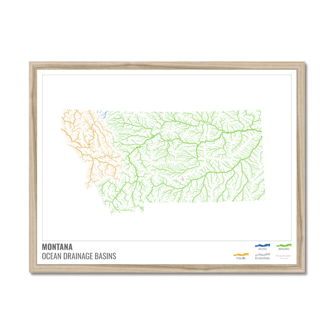 Montana - Mapa de la cuenca hidrográfica del océano, blanco con leyenda v1 - Lámina enmarcada