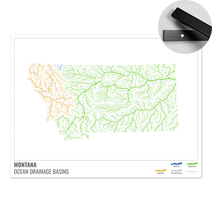 Montana - Carte du bassin versant océanique, blanche avec légende v1 - Tirage d'art avec cintre