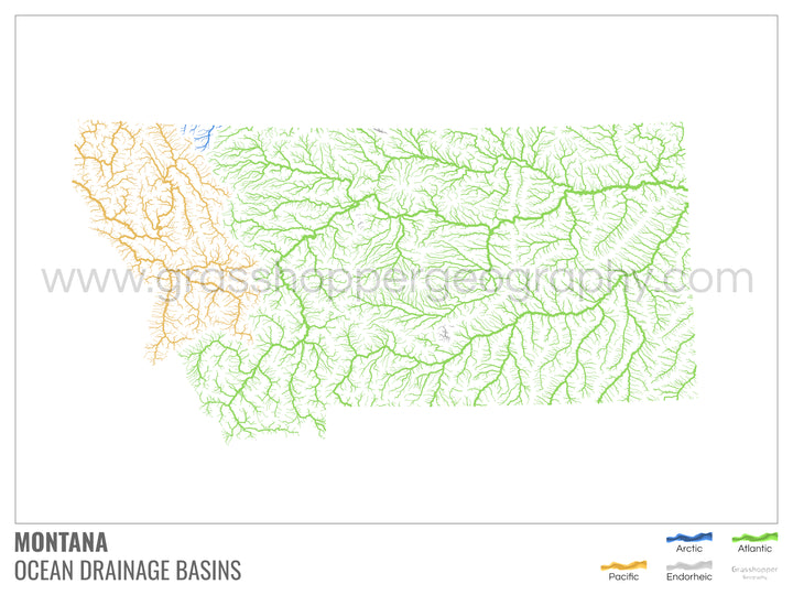 Montana - Mapa de la cuenca de drenaje oceánico, blanco con leyenda v1 - Impresión de bellas artes