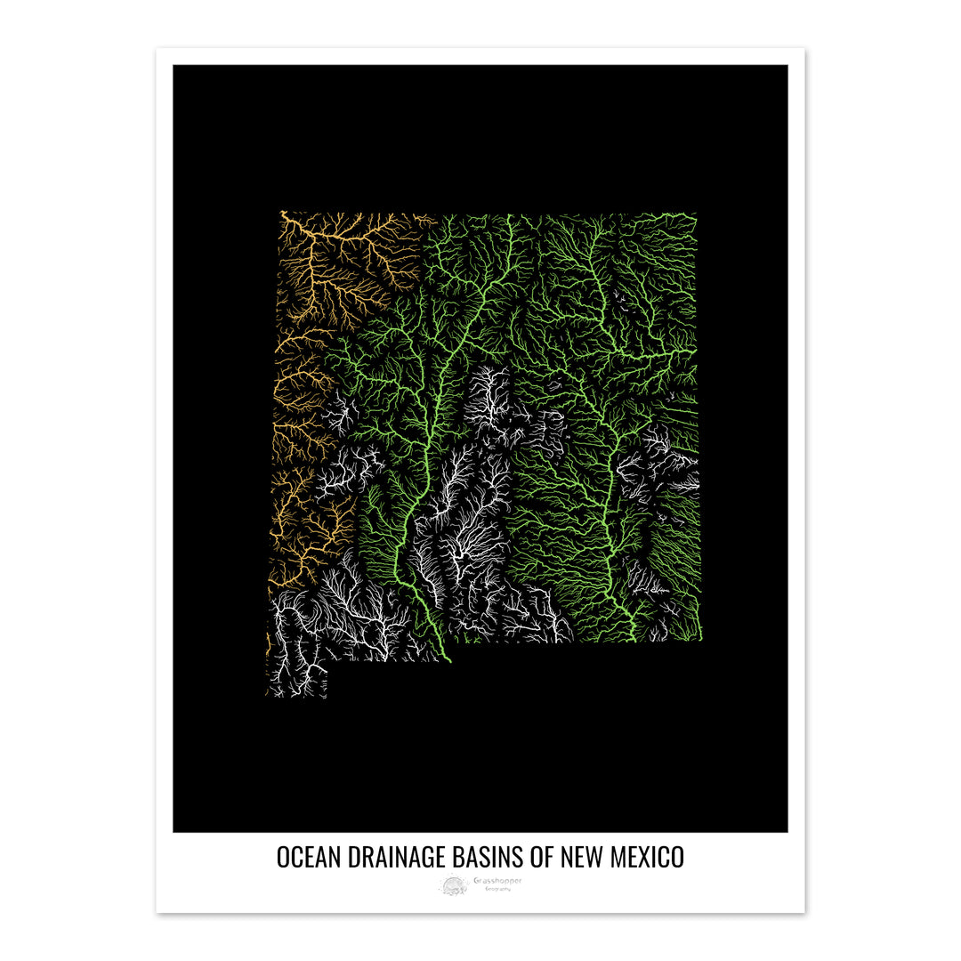 Nouveau-Mexique - Carte des bassins hydrographiques océaniques, noir v1 - Fine Art Print
