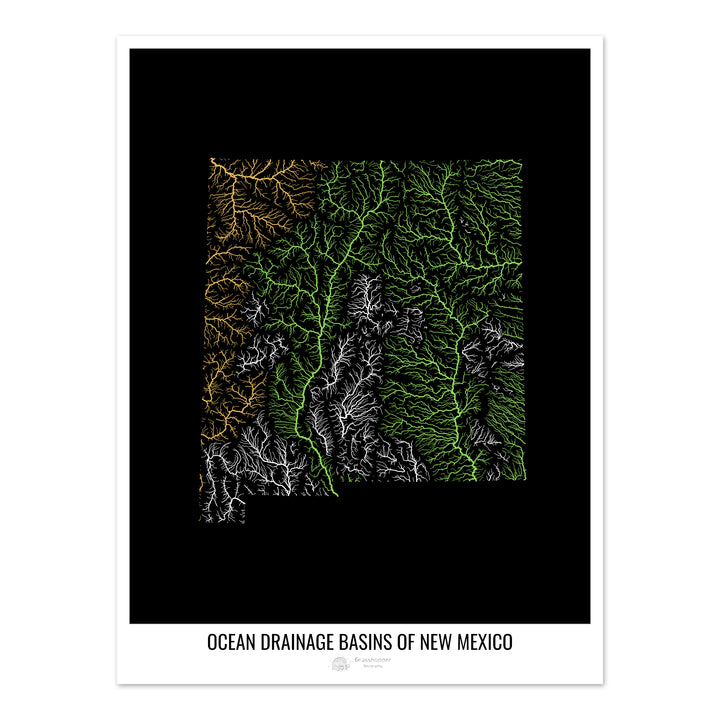 Nouveau-Mexique - Carte des bassins hydrographiques océaniques, noir v1 - Fine Art Print