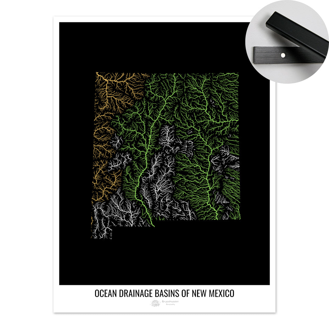 Nuevo México - Mapa de la cuenca de drenaje oceánico, negro v1 - Impresión de bellas artes con percha