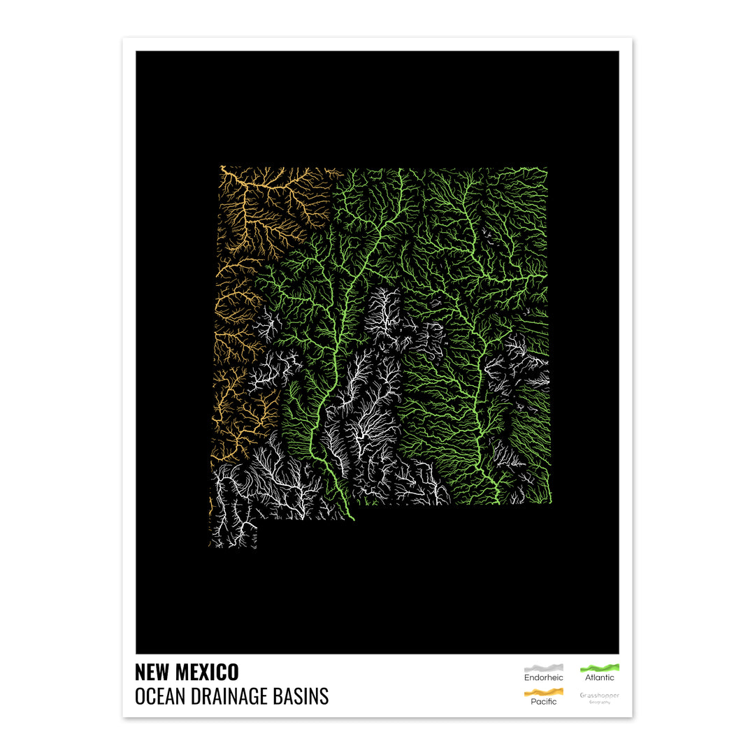 Nouveau-Mexique - Carte des bassins hydrographiques océaniques, noire avec légende v1 - Fine Art Print