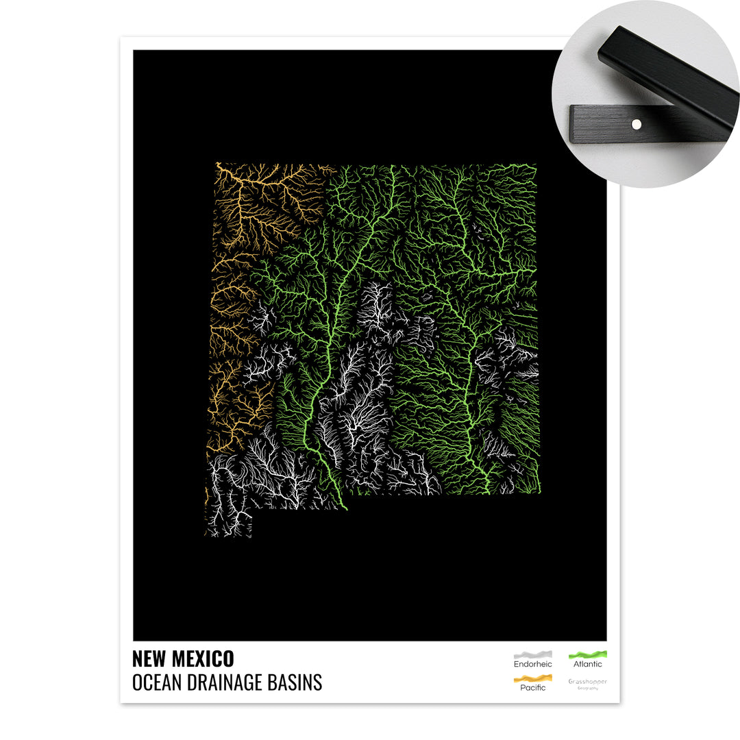 Nouveau-Mexique - Carte du bassin versant océanique, noire avec légende v1 - Tirage d'art avec cintre