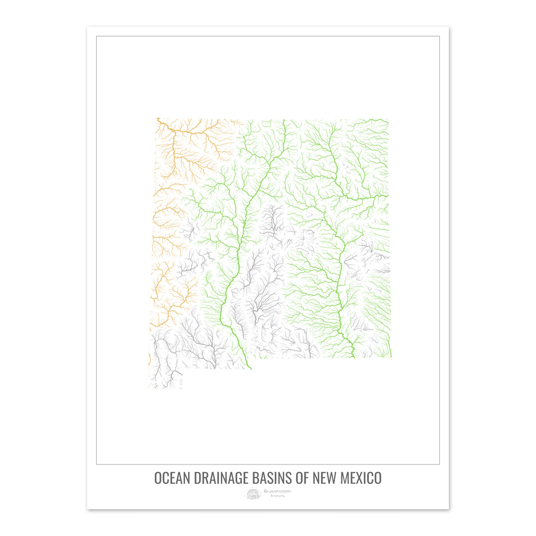 Nouveau-Mexique - Carte des bassins hydrographiques océaniques, blanc v1 - Fine Art Print
