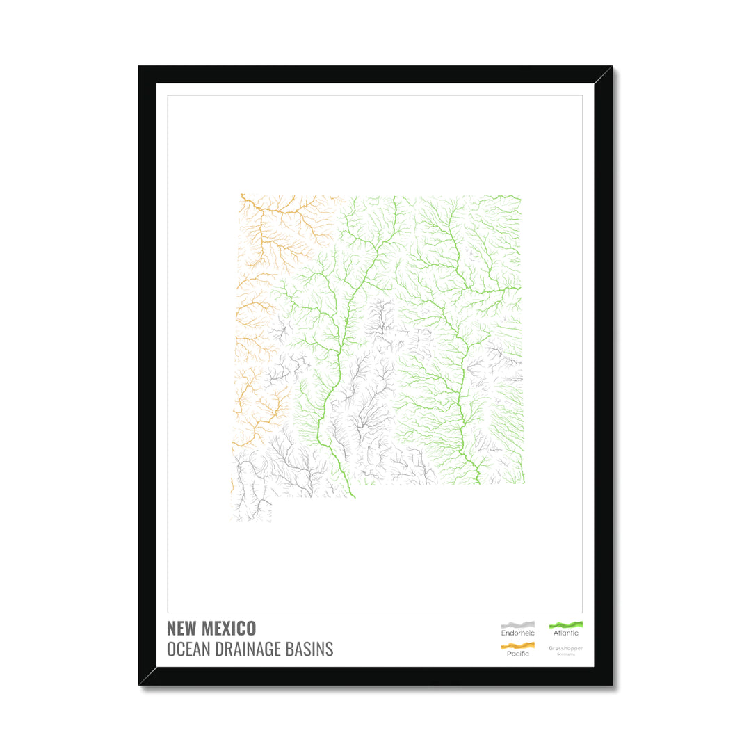 New Mexico - Ocean drainage basin map, white with legend v1 - Framed Print