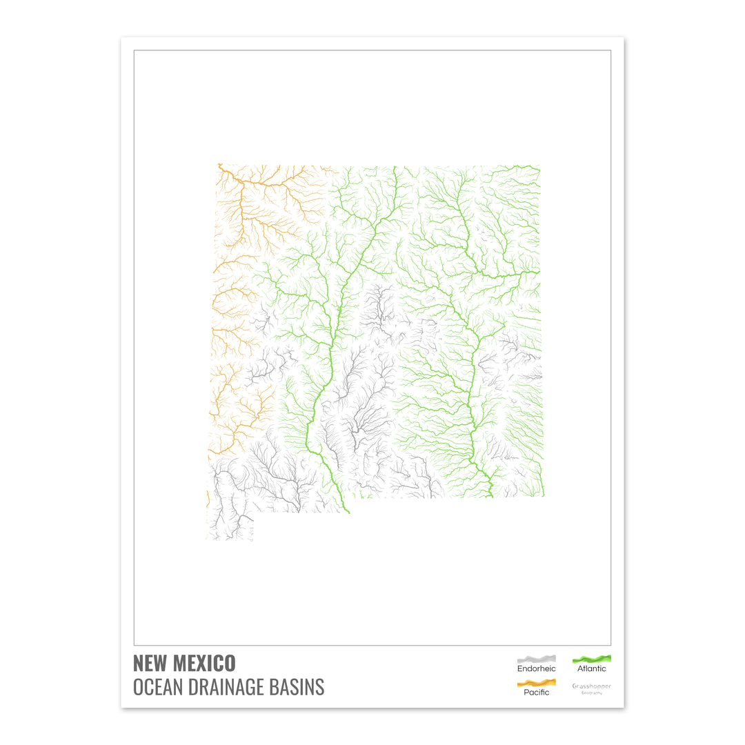 Nuevo México - Mapa de la cuenca de drenaje oceánico, blanco con leyenda v1 - Impresión de bellas artes