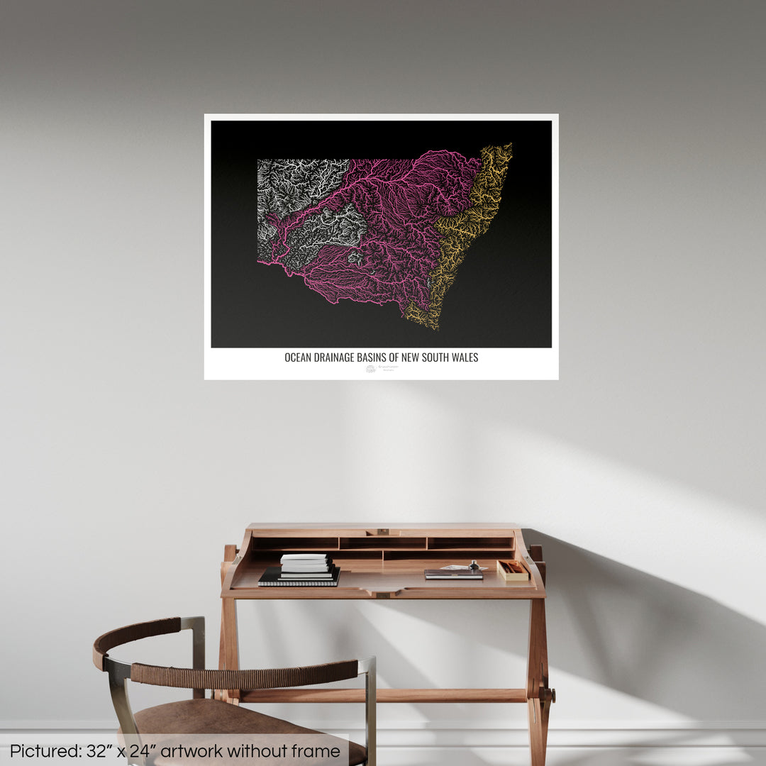 New South Wales - Ocean drainage basin map, black v1 - Photo Art Print