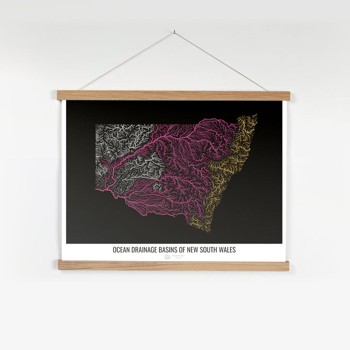 Nueva Gales del Sur - Mapa de la cuenca hidrográfica del océano, negro v1 - Impresión artística con colgador