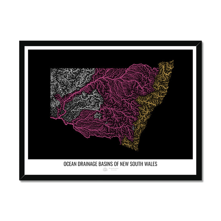 New South Wales - Ocean drainage basin map, black v1 - Framed Print
