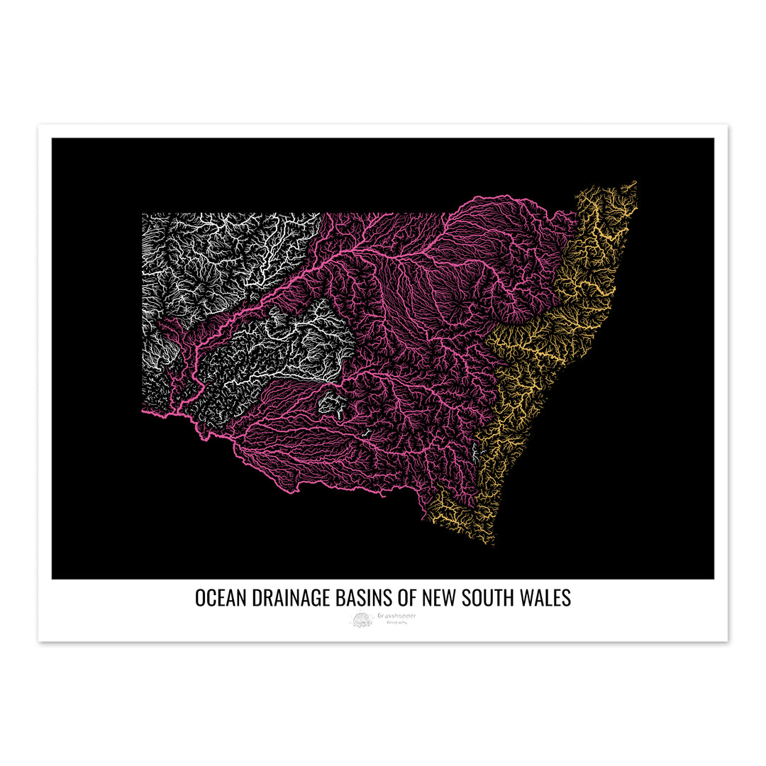 New South Wales - Ocean drainage basin map, black v1 - Photo Art Print