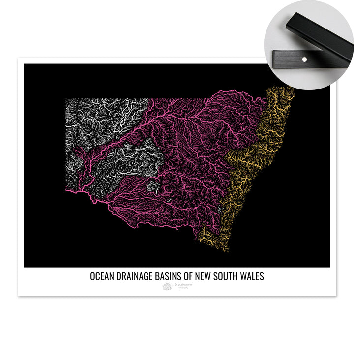 Nueva Gales del Sur - Mapa de la cuenca hidrográfica del océano, negro v1 - Impresión artística con colgador