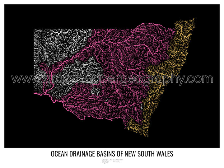 Nueva Gales del Sur - Mapa de la cuenca hidrográfica del océano, negro v1 - Impresión fotográfica