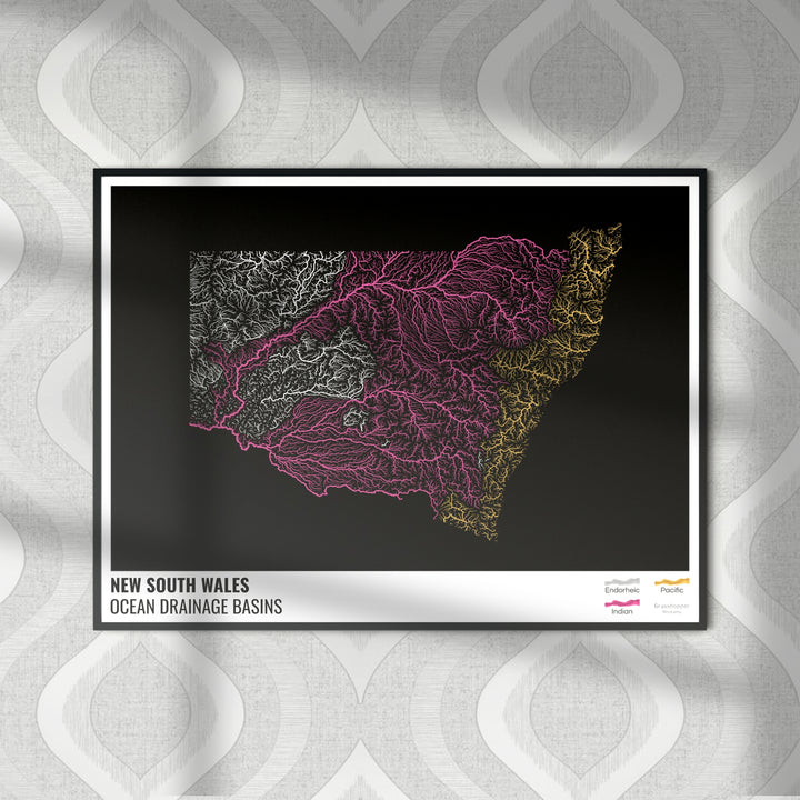 New South Wales - Ocean drainage basin map, black with legend v1 - Photo Art Print