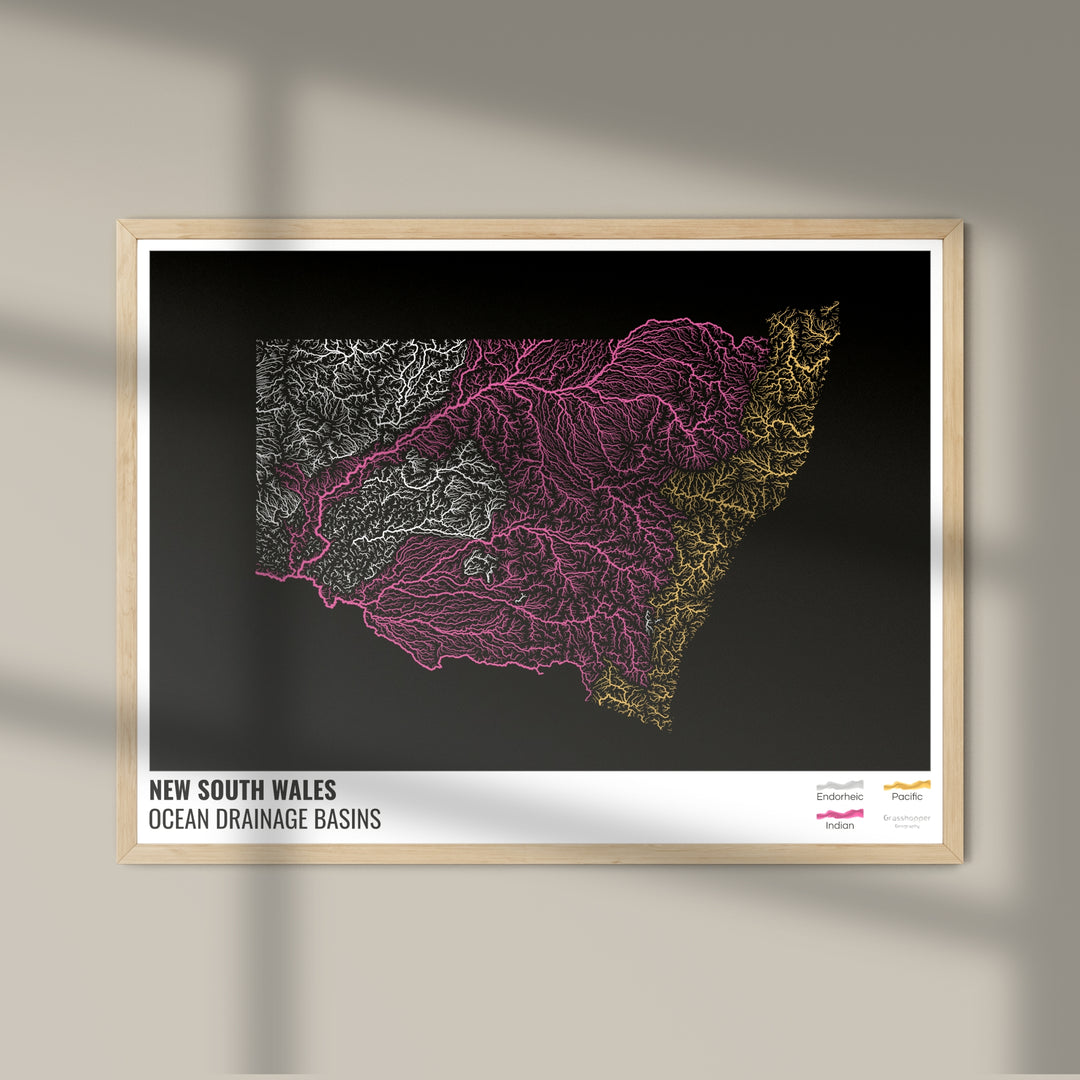 New South Wales - Ocean drainage basin map, black with legend v1 - Fine Art Print