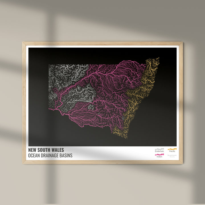 Nova Gales do Sul - Mapa da bacia de drenagem oceânica, preto com legenda v1 - Impressão de belas artes