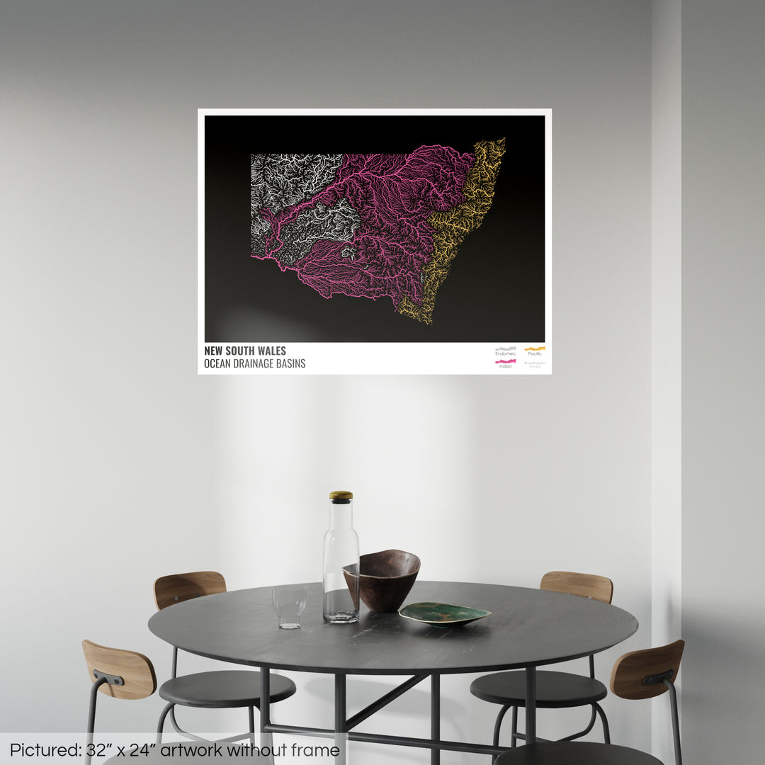 Nova Gales do Sul - Mapa da bacia de drenagem oceânica, preto com legenda v1 - Impressão de belas artes