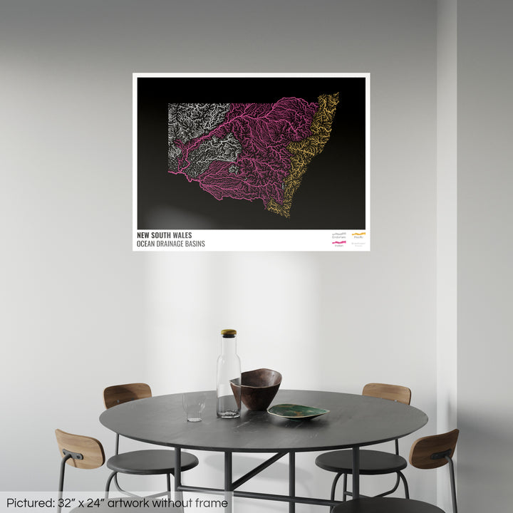 Nova Gales do Sul - Mapa da bacia de drenagem oceânica, preto com legenda v1 - Impressão de belas artes