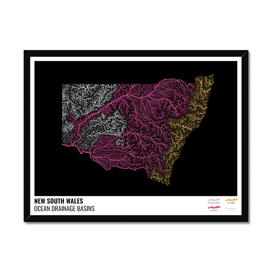 New South Wales - Ocean drainage basin map, black with legend v1 - Framed Print