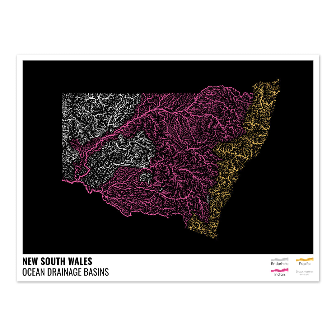 Nova Gales do Sul - Mapa da bacia de drenagem oceânica, preto com legenda v1 - Impressão de belas artes