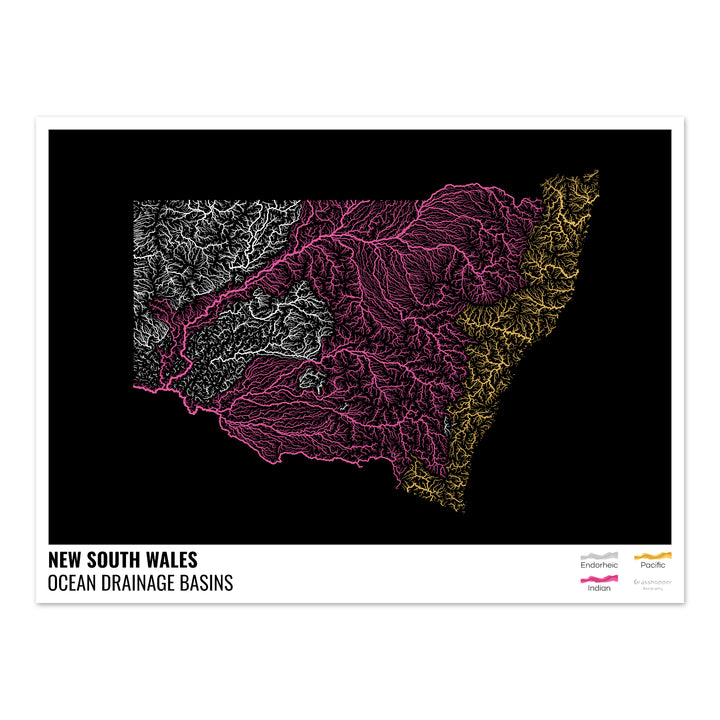 Nova Gales do Sul - Mapa da bacia de drenagem oceânica, preto com legenda v1 - Impressão de belas artes
