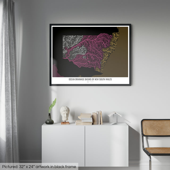 New South Wales - Ocean drainage basin map, black v2 - Framed Print
