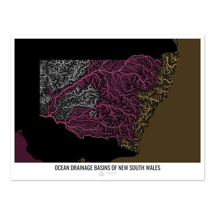 New South Wales - Ocean drainage basin map, black v2 - Fine Art Print