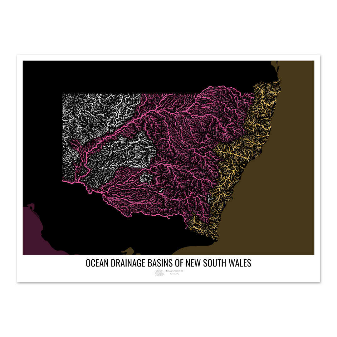 Nouvelle-Galles du Sud - Carte des bassins hydrographiques océaniques, noir v2 - Fine Art Print