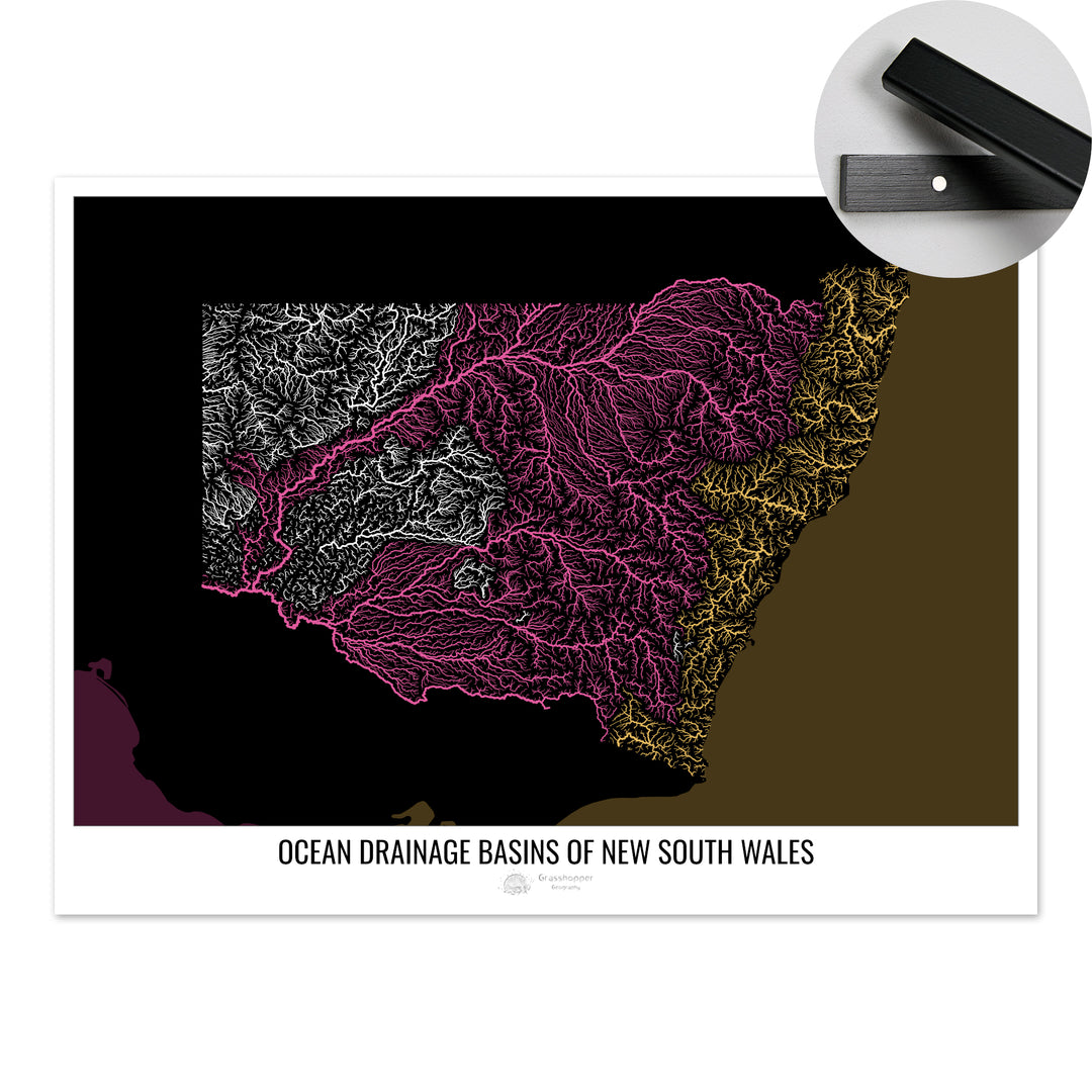 New South Wales - Ocean drainage basin map, black v2 - Fine Art Print with Hanger