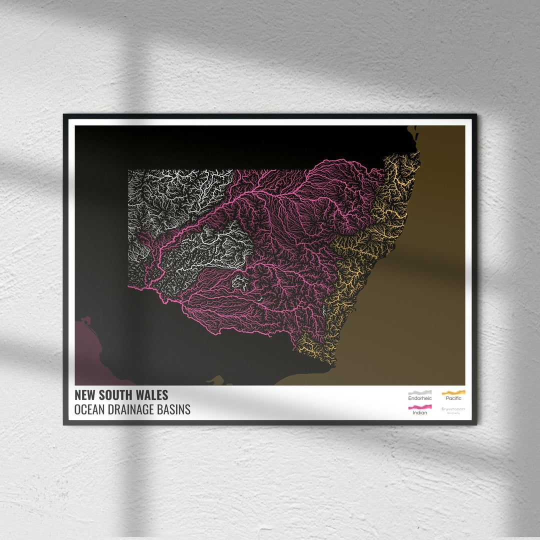New South Wales - Ocean drainage basin map, black with legend v2 - Photo Art Print